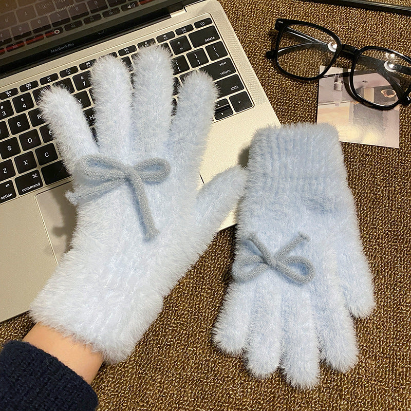 Blue Pink Plush Knitted Gloves for Women Bow-knot Thickened Gloves for Winter