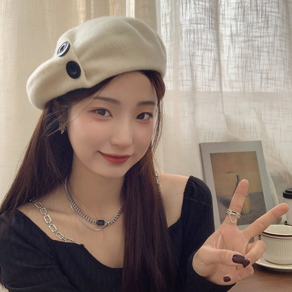 Korean Button Wool Beret
