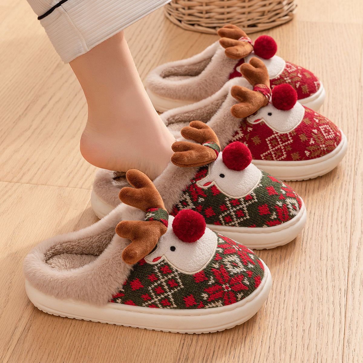 Cute Christmas Elk Cotton Slippers Warm Slippers for Women