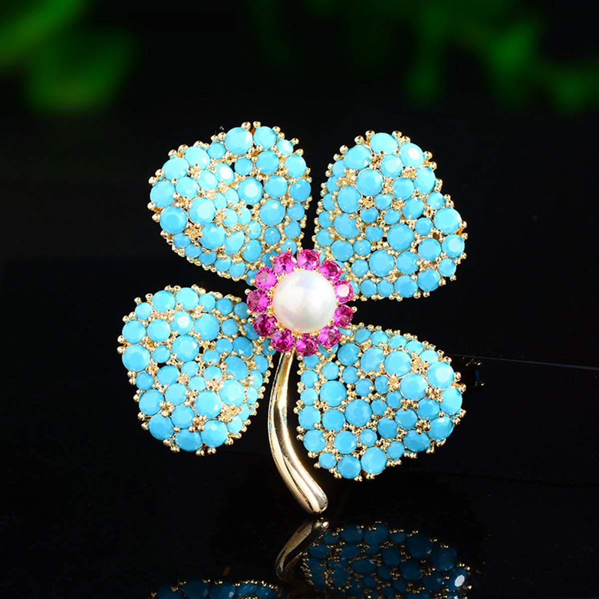 Blue Turquoise Lucky Four-leaf Flower Brooch