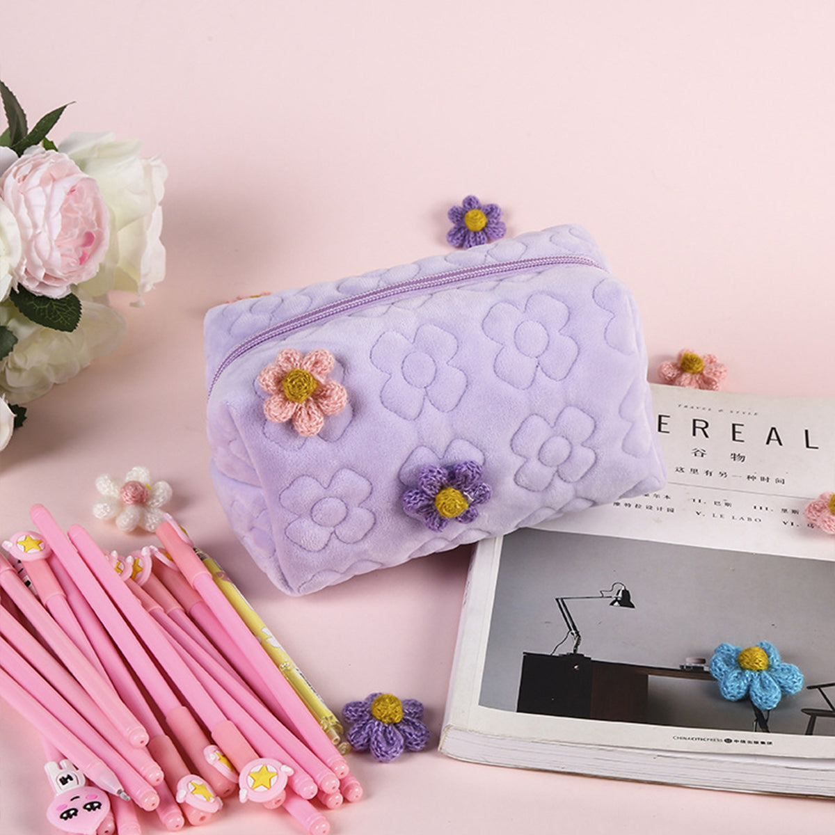 Cream Flower Makeup Bag Portable Women's Toilet Bag