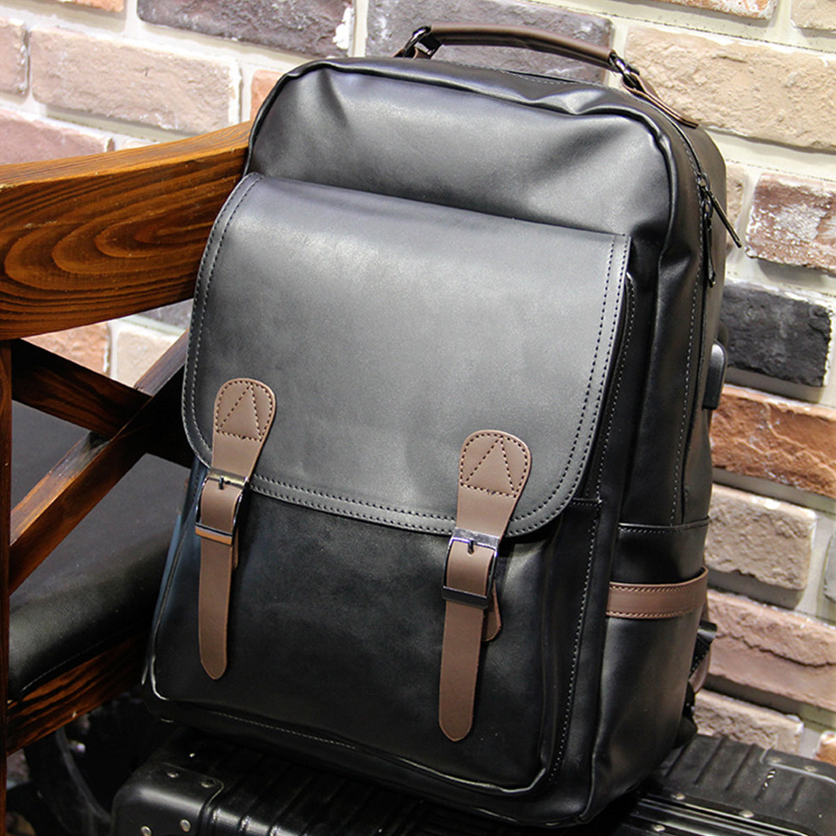 Leather Backpack USB Charging Men Business Backpack