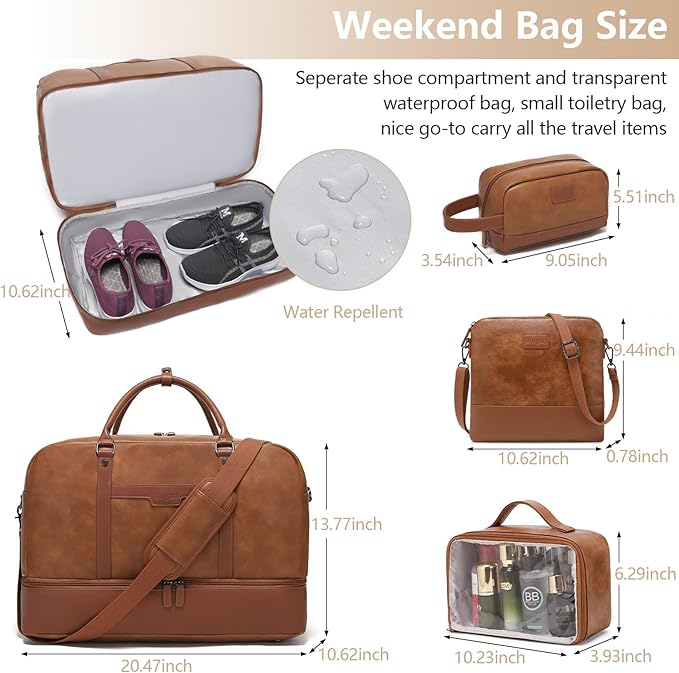 LAPOLAR Leather Travelling Bag Sets for Women Men Large Overnight Bag Travel Duffel Bag with Shoe Compartment Toiletry Satchel Bag Carry On Bag Fit 21" Laptop