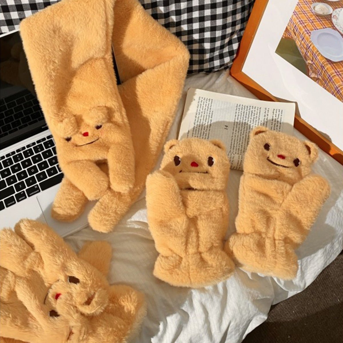 Cute Bear Half-Finger Flip Plush Gloves Scarf