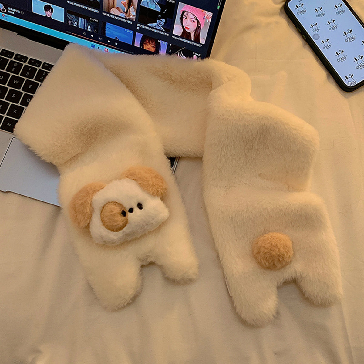 Cute Puppy Plush Scarf Short Cartoon Scarf Gloves