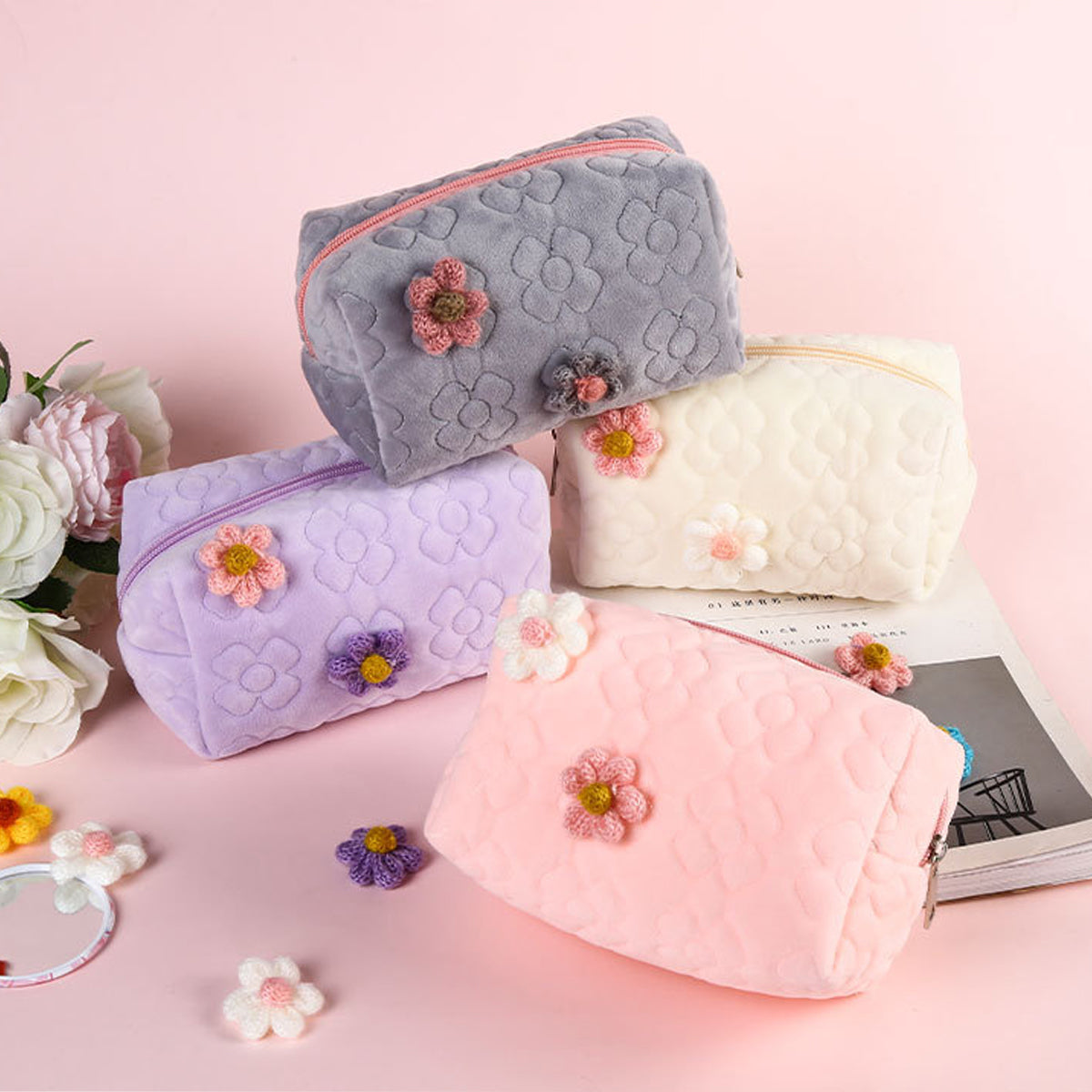 Cream Flower Makeup Bag Portable Women's Toilet Bag