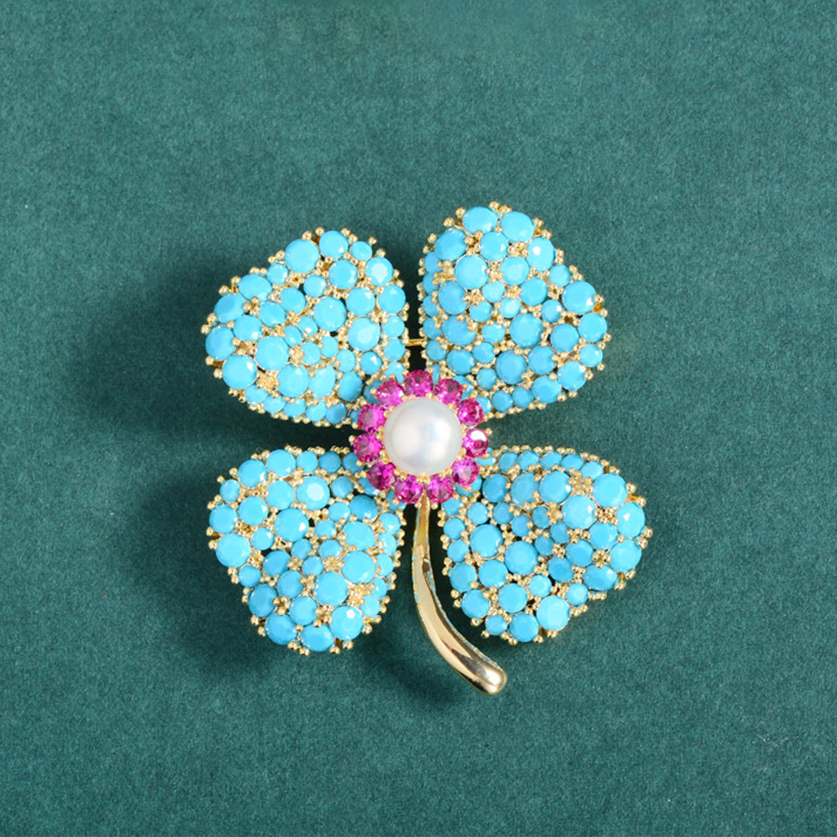 Blue Turquoise Lucky Four-leaf Flower Brooch