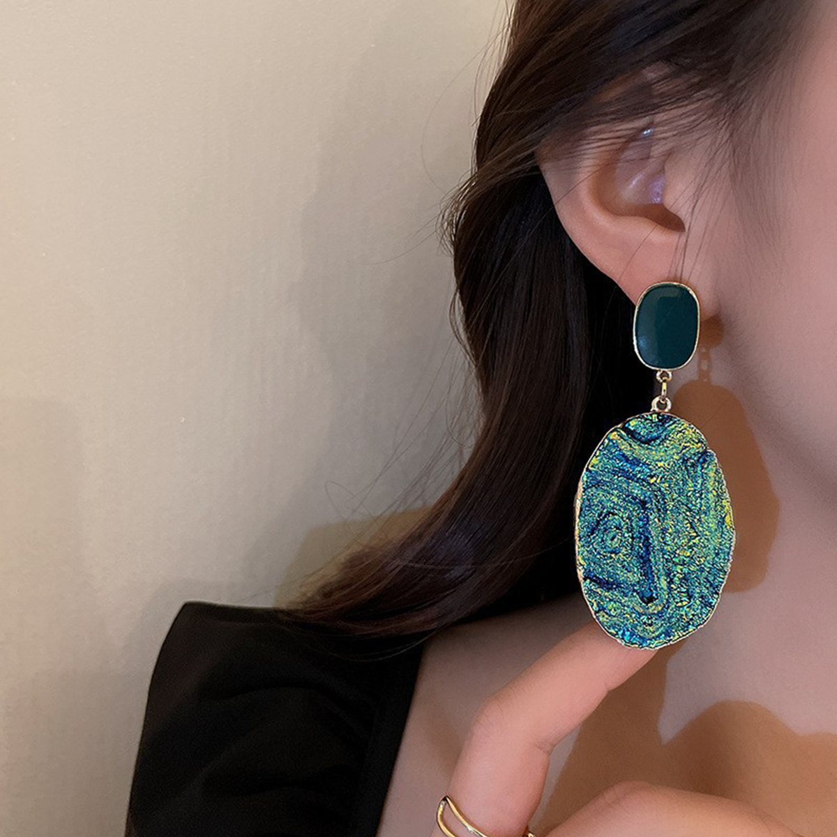 Silver Needle Wrinkled Blue Metal Earrings