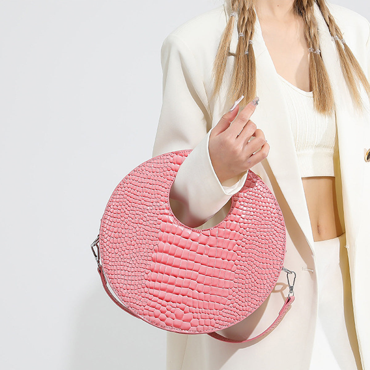 Round Patent Leather Shiny Stone Tote Bag