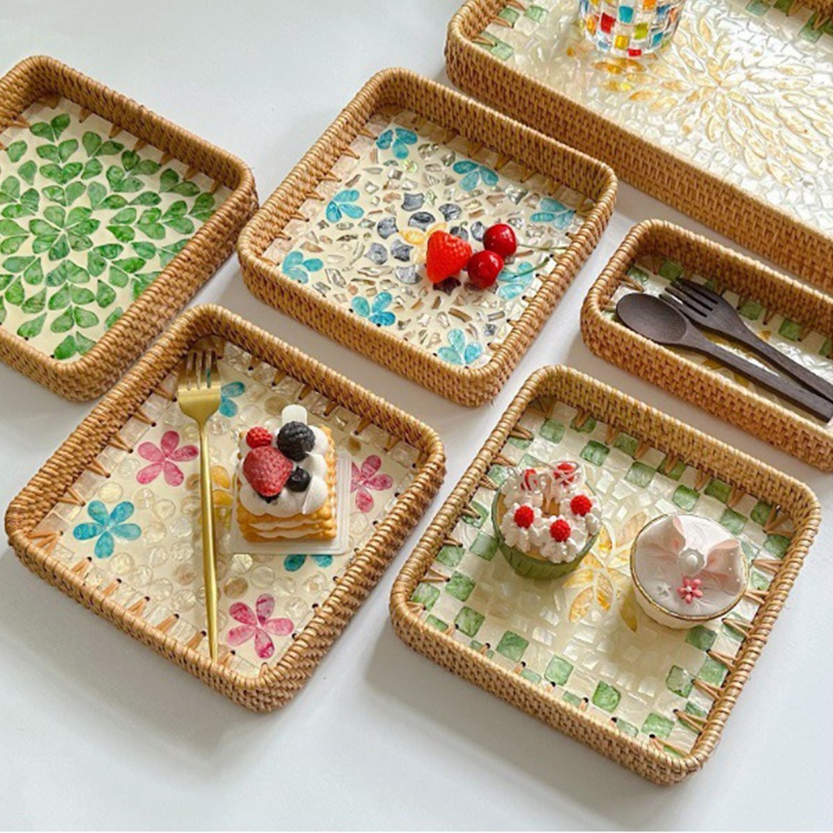 Rattan Shell Fruit Tray Rectangular Tray Three-Piece Set