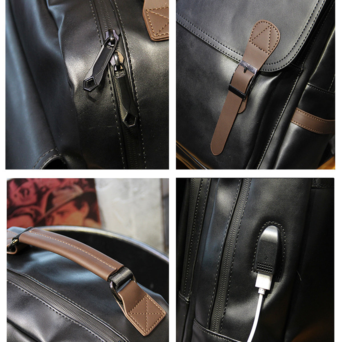 Leather Backpack USB Charging Men Business Backpack