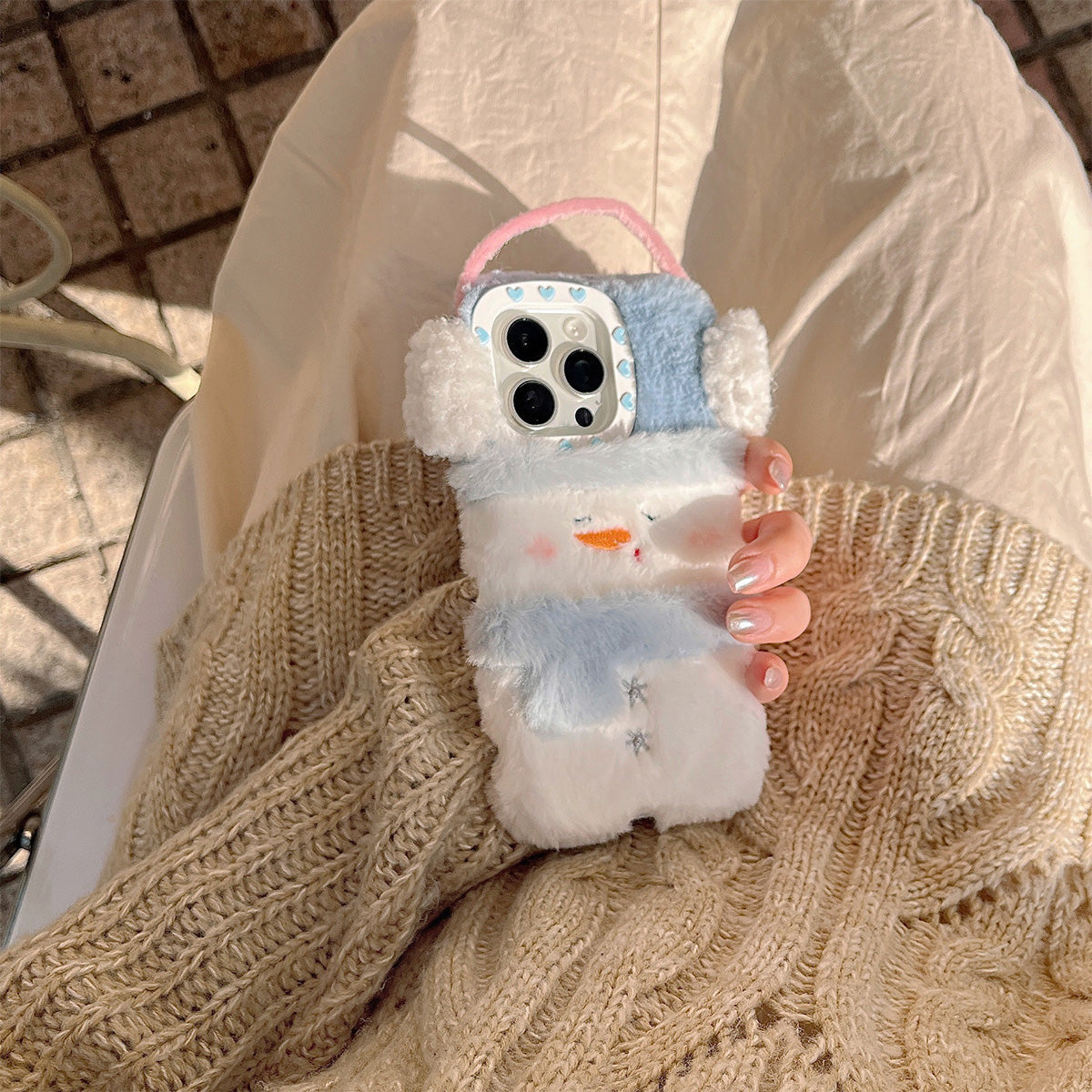 Plush Cute Snowman Gloves Earphones Hat Mobile Phone Case
