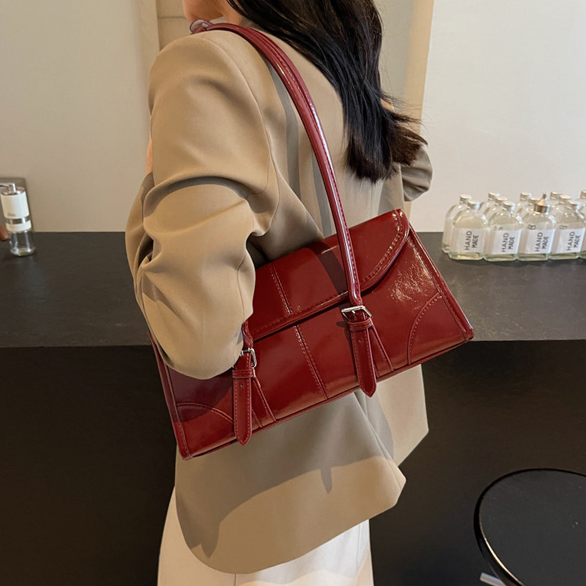 Wax Leather Shoulder Underarm Bag Hand Baguette Bag