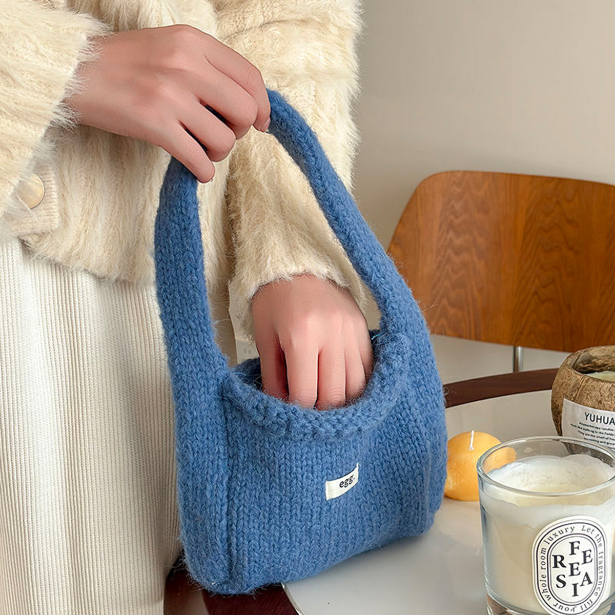 Autumn Winter Wool Knitted Solid Color Handbag