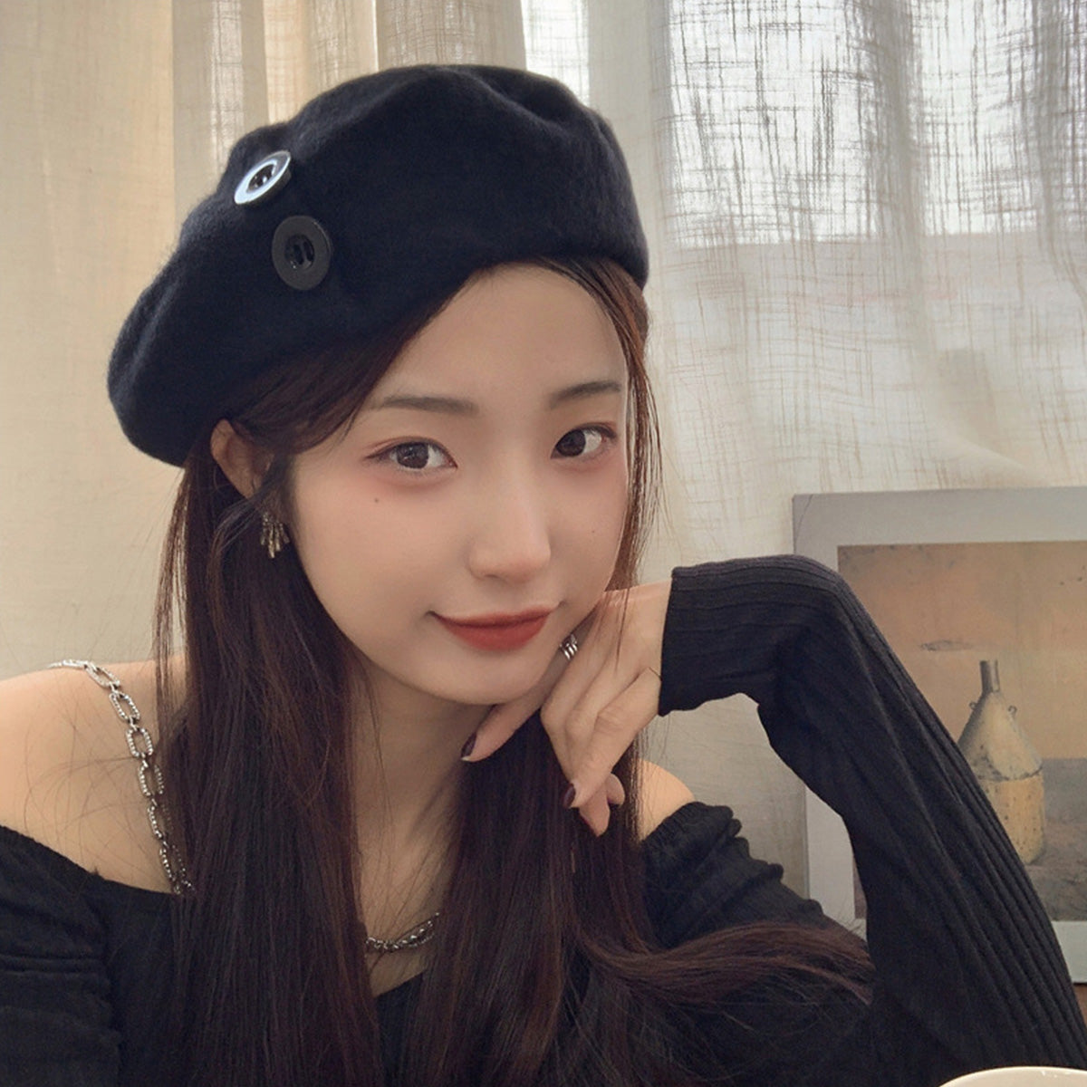 Korean Button Wool Beret