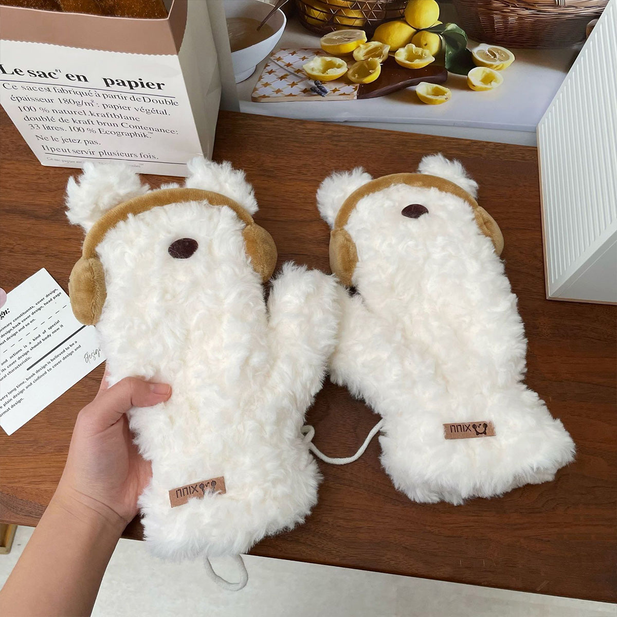Cute Earphones Bear Plush Mittens