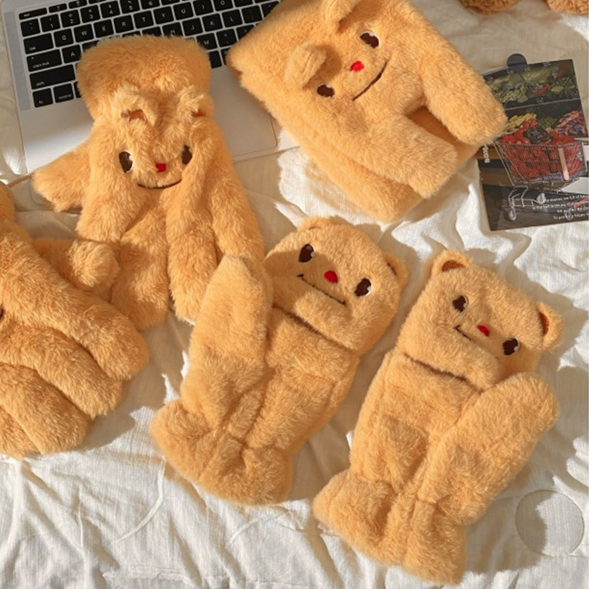 Cute Bear Half-Finger Flip Plush Gloves Scarf