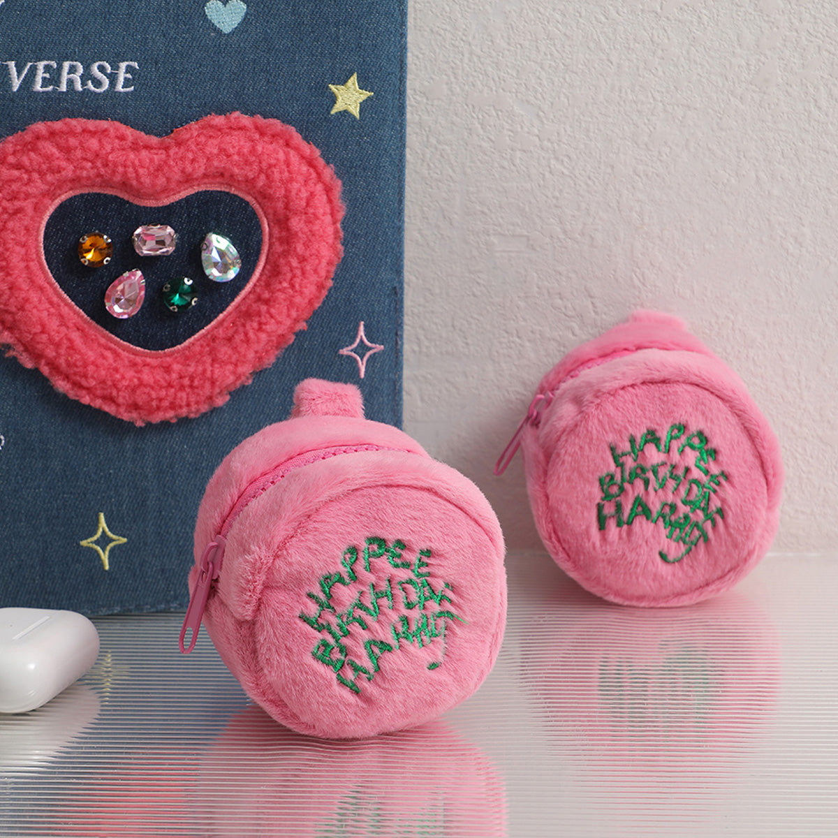 Korean Round Pink Plush Coin Purse