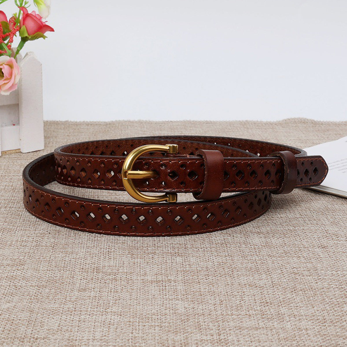 Top-Grain Cowhide Brown Retro Hollow Belt