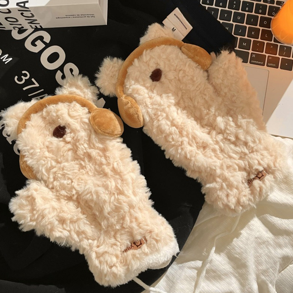 Cute Earphones Bear Plush Mittens
