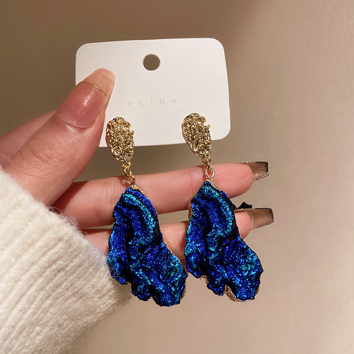 Silver Needle Wrinkled Blue Metal Earrings