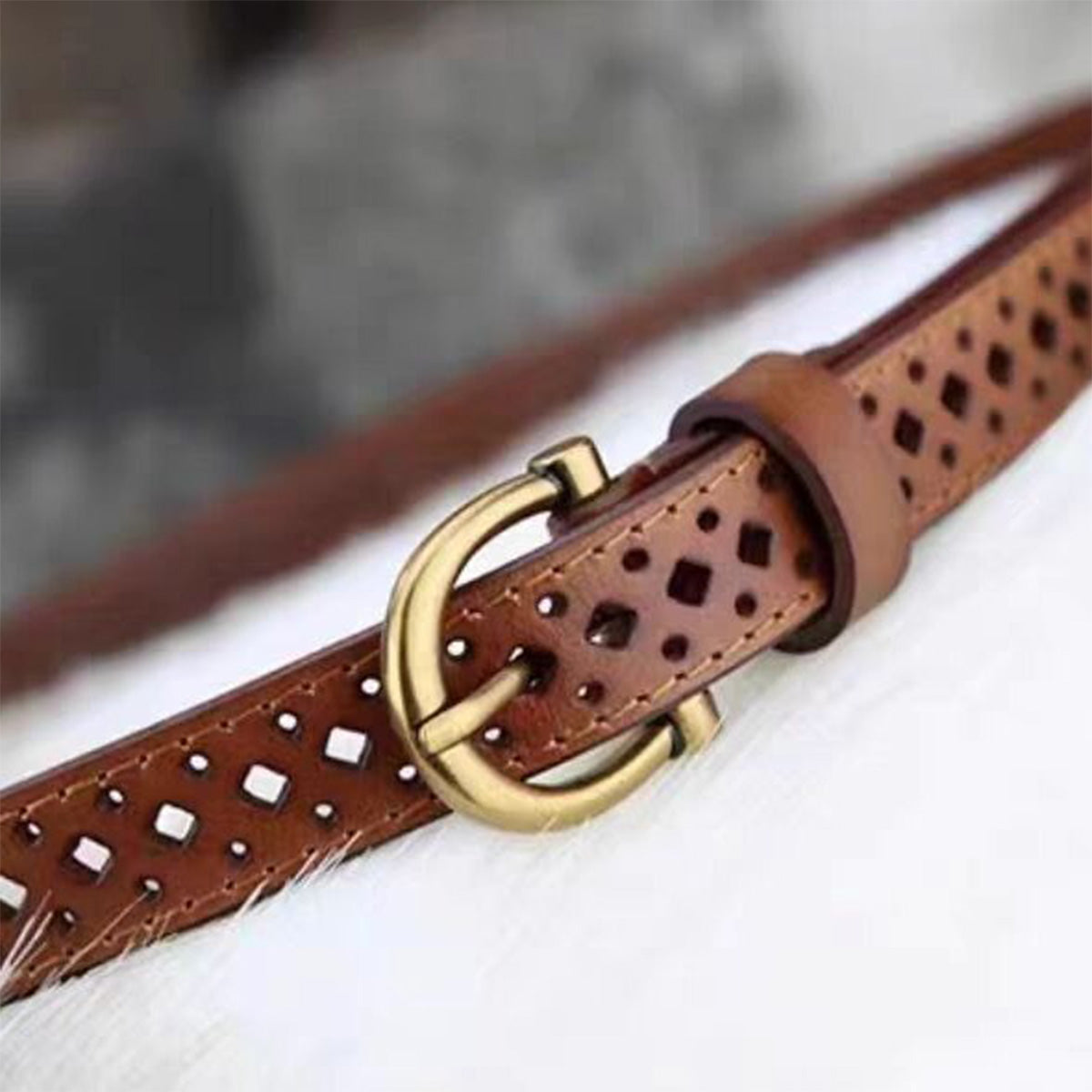 Top-Grain Cowhide Brown Retro Hollow Belt