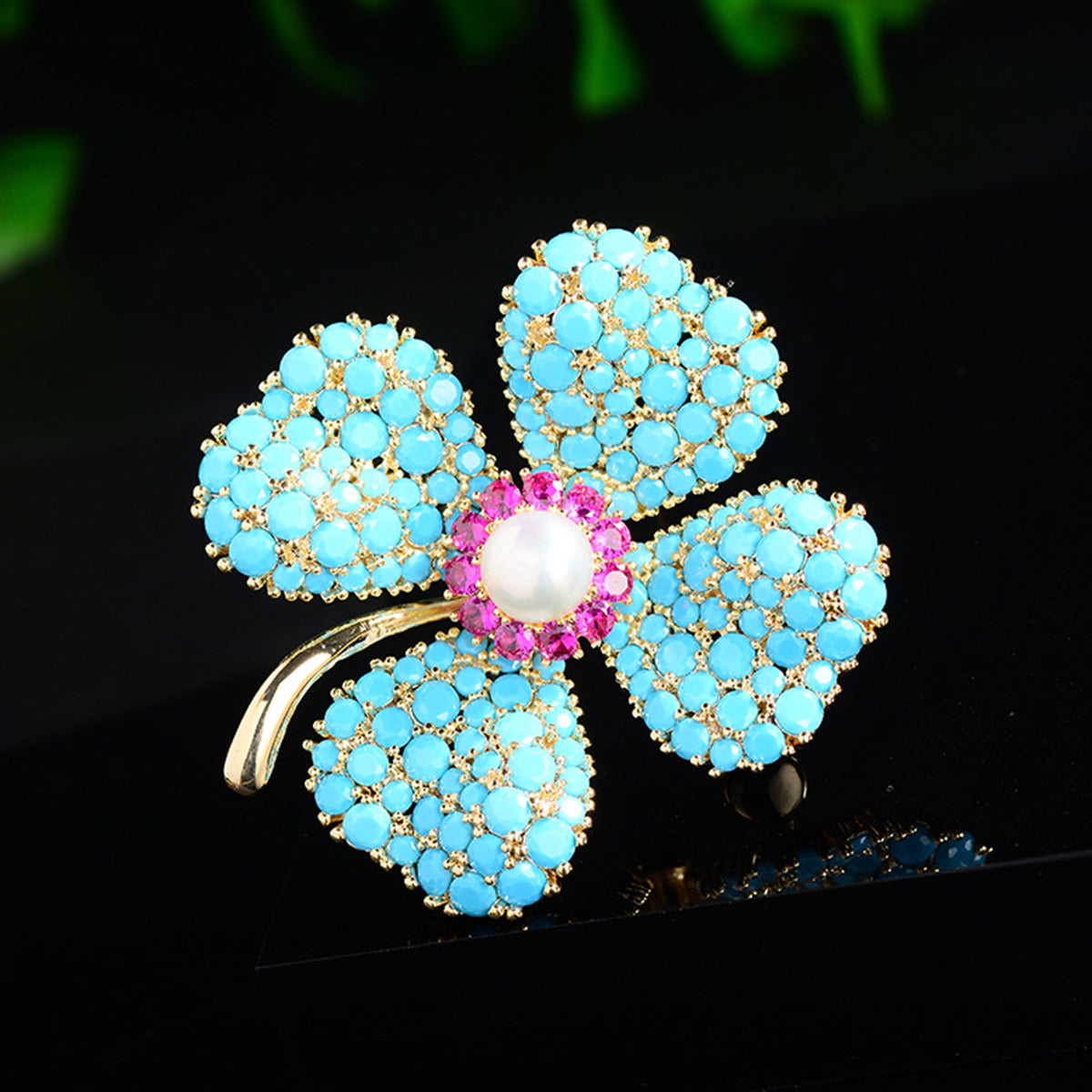 Blue Turquoise Lucky Four-leaf Flower Brooch