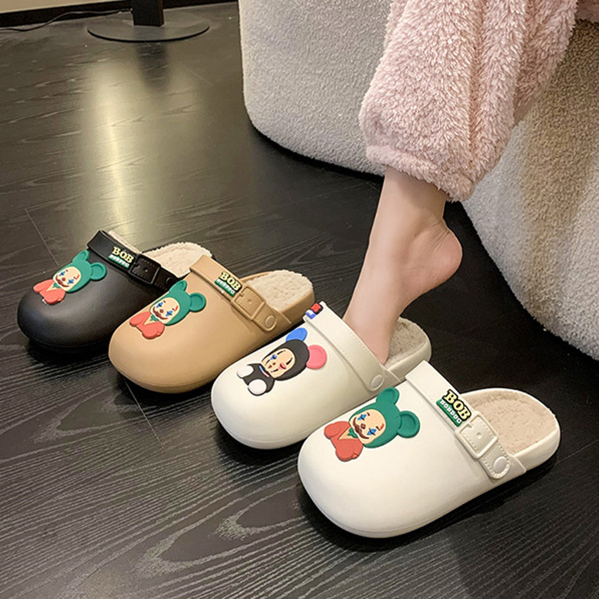 Waterproof Closed Toe Cotton Slippers Cartoon Fur Slippers