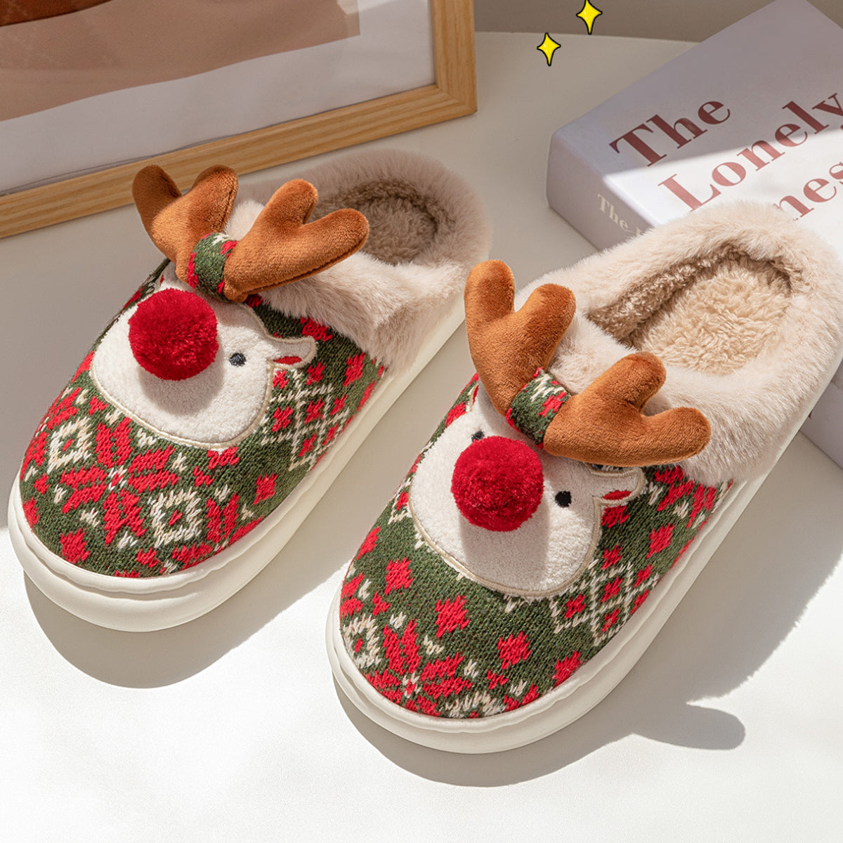 Cute Christmas Elk Cotton Slippers Warm Slippers for Women