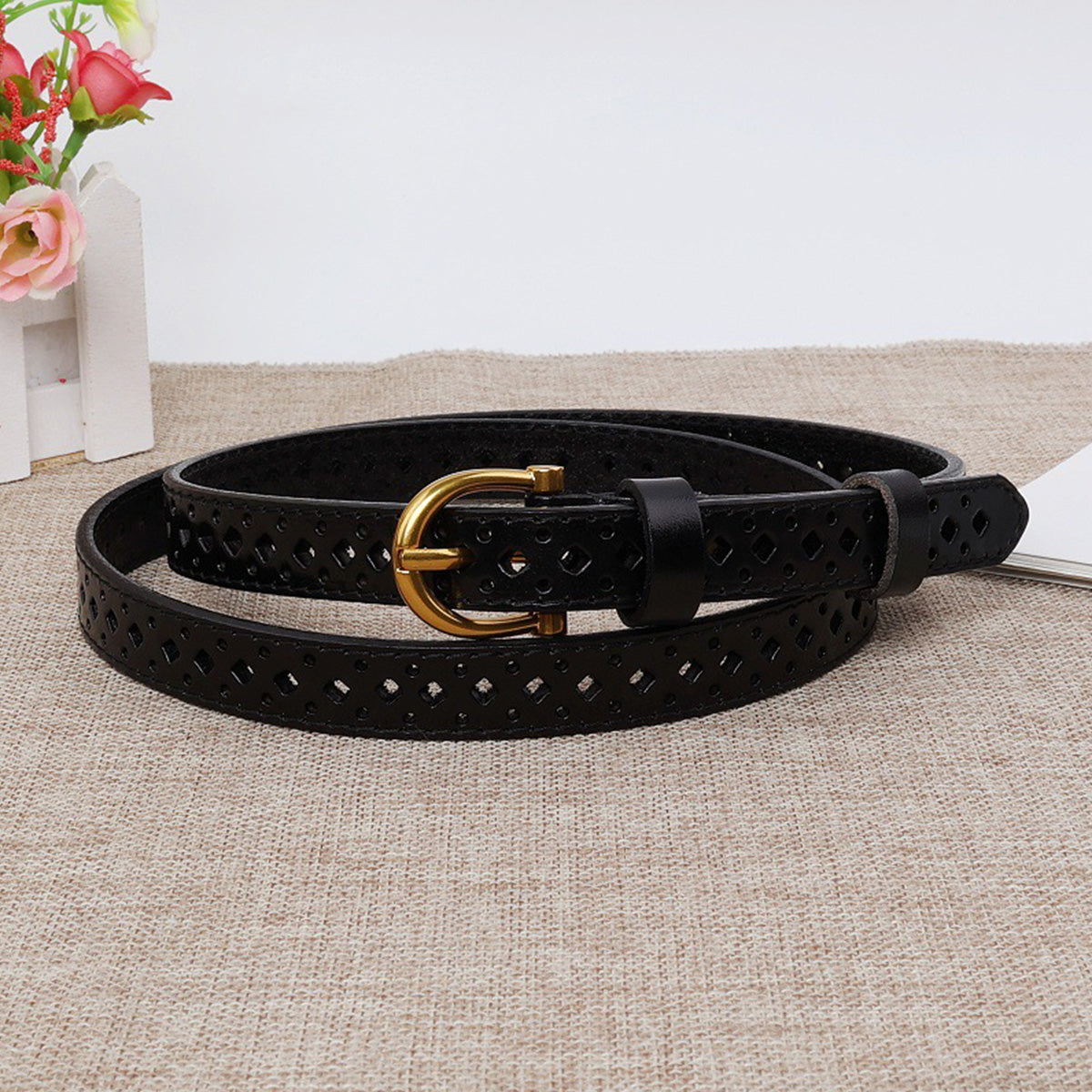Top-Grain Cowhide Brown Retro Hollow Belt