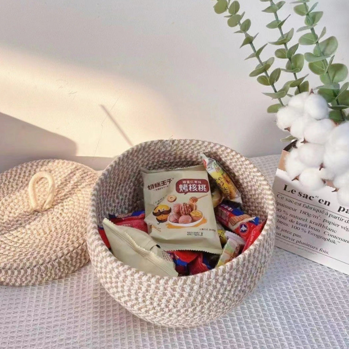 Woven Storage Basket, Round Storage Basket With Lid