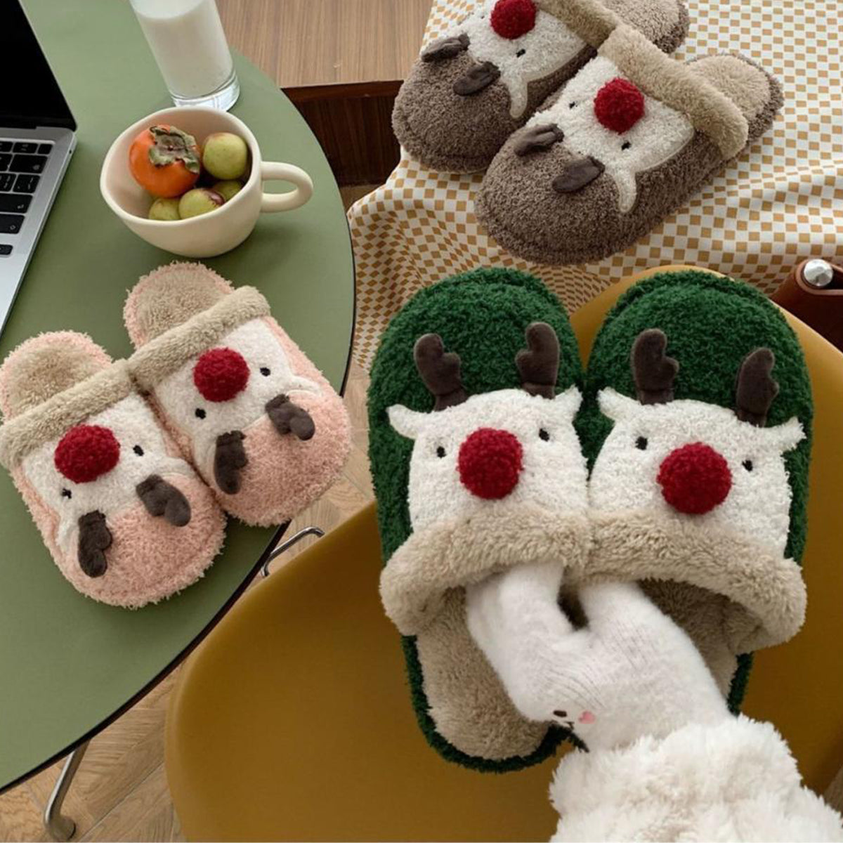 Winter Christmas Elk Plush Slippers Non-Slip Cotton Slippers