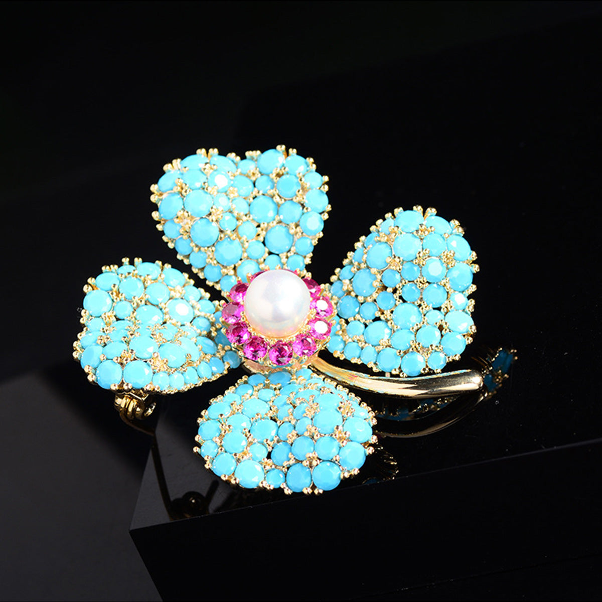 Blue Turquoise Lucky Four-leaf Flower Brooch