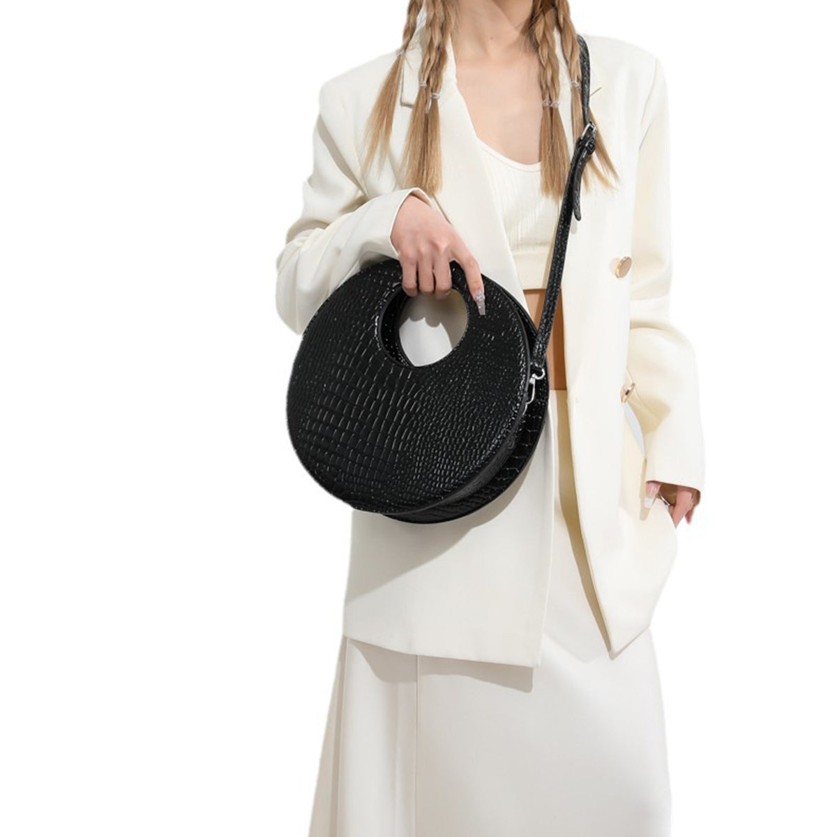 Round Patent Leather Shiny Stone Tote Bag