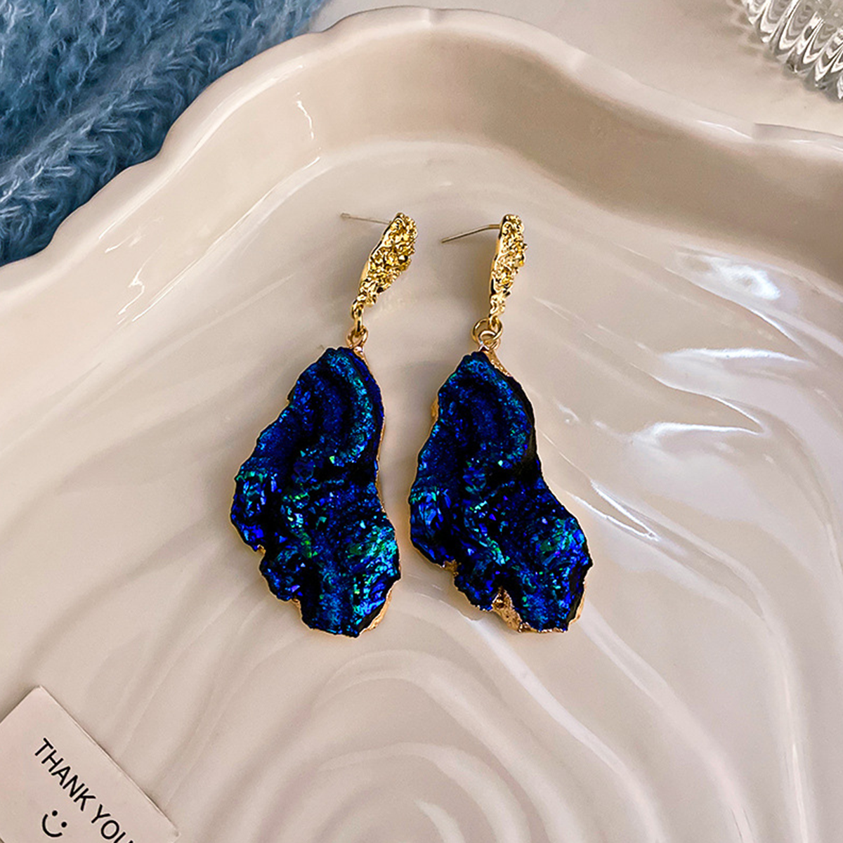 Silver Needle Wrinkled Blue Metal Earrings