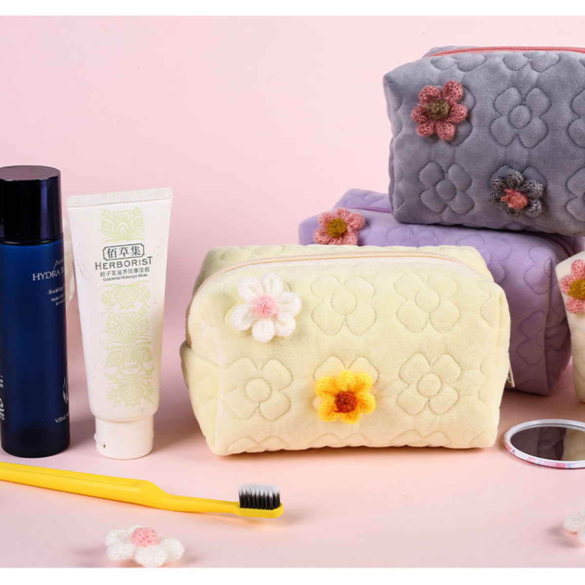 Cream Flower Makeup Bag Portable Women's Toilet Bag