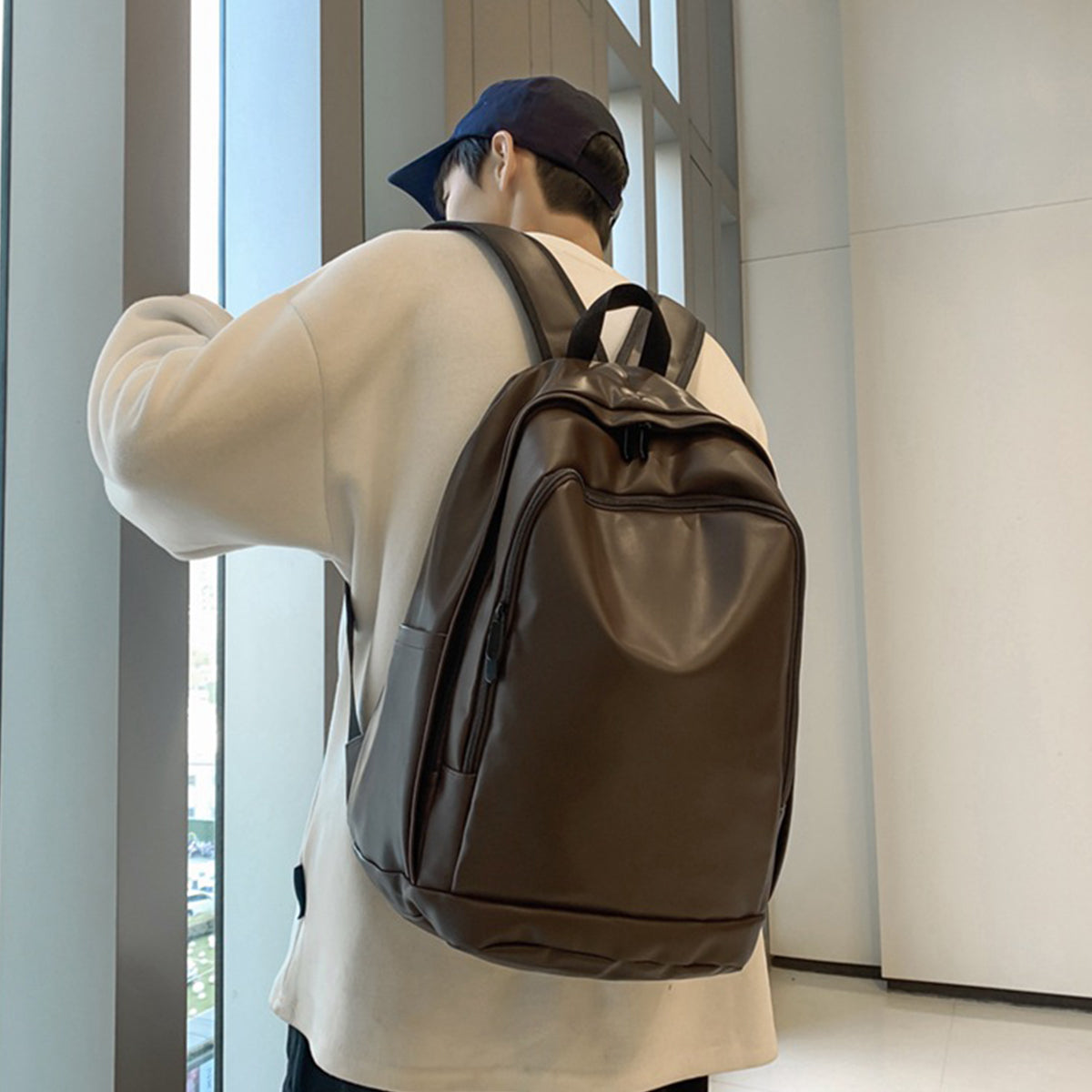 Men PU Soft Leather Large Capacity Backpack
