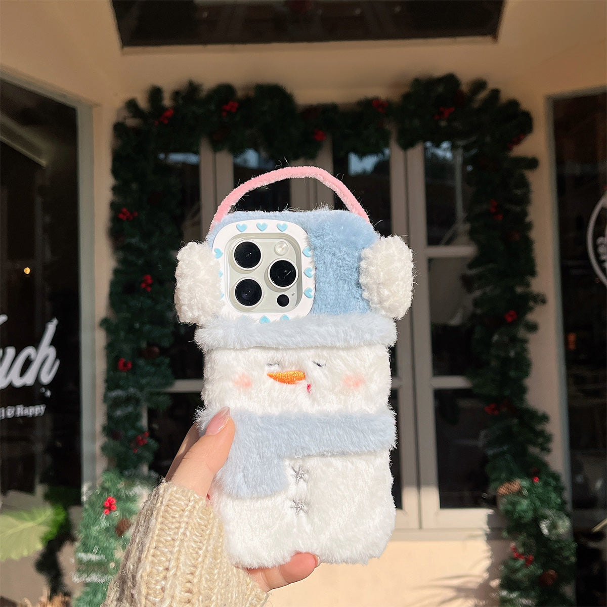 Plush Cute Snowman Gloves Earphones Hat Mobile Phone Case
