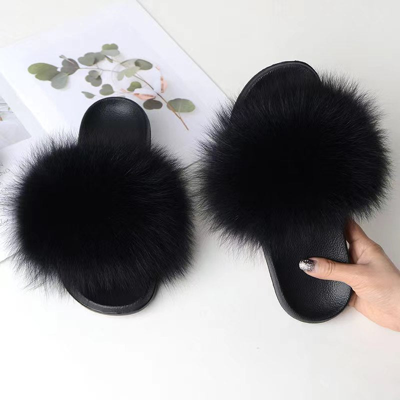 Women Real Fox Fur Slippers Women Flat Non-slip Fashion Fur Slides
