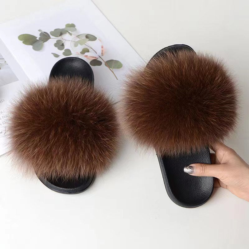Women Real Fox Fur Slippers Women Flat Non-slip Fashion Fur Slides