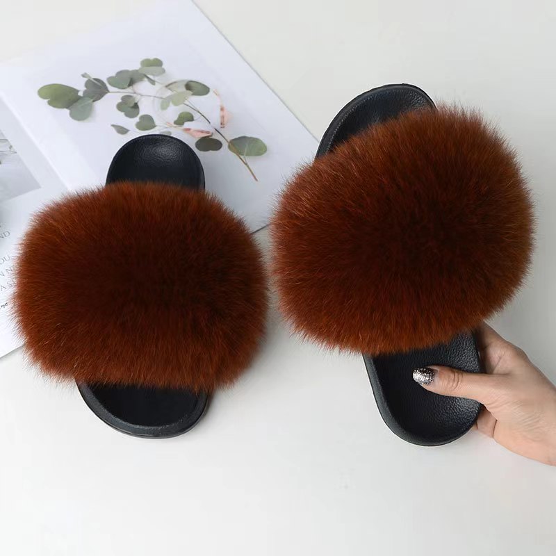 Women Real Fox Fur Slippers Women Flat Non-slip Fashion Fur Slides
