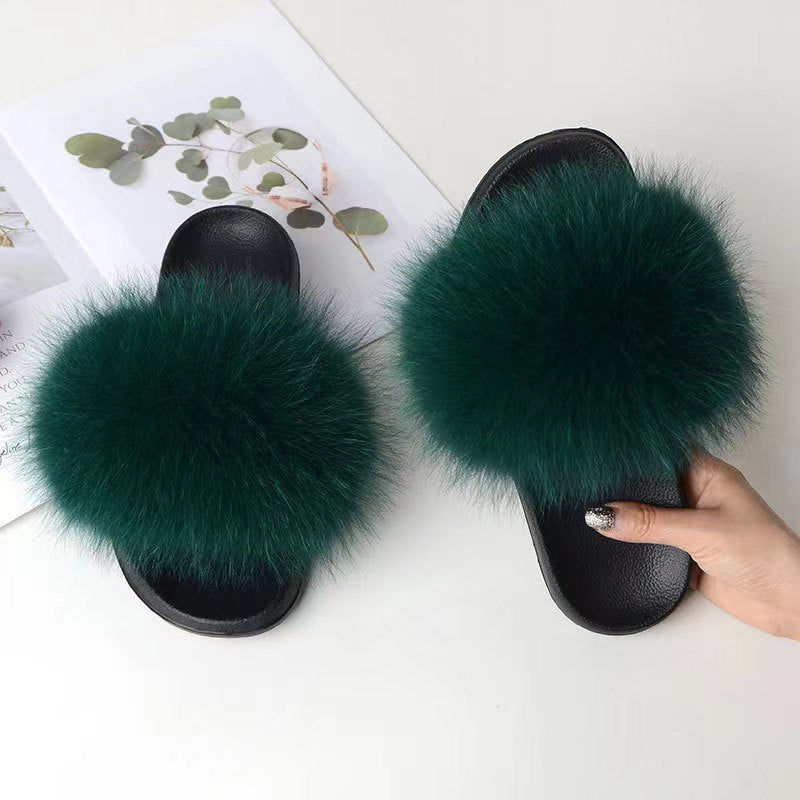 Women Real Fox Fur Slippers Women Flat Non-slip Fashion Fur Slides