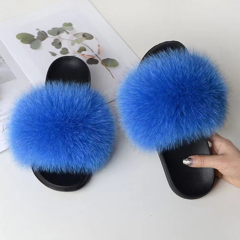 Women Real Fox Fur Slippers Women Flat Non-slip Fashion Fur Slides