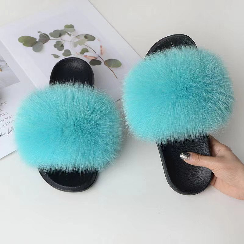 Women Real Fox Fur Slippers Women Flat Non-slip Fashion Fur Slides
