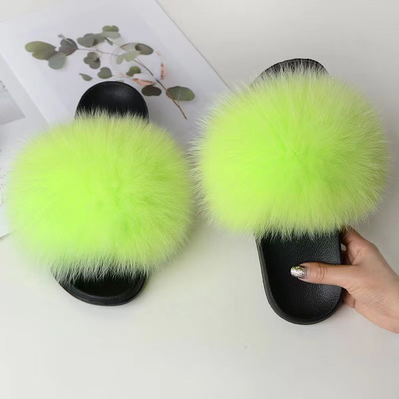 Women Real Fox Fur Slippers Women Flat Non-slip Fashion Fur Slides