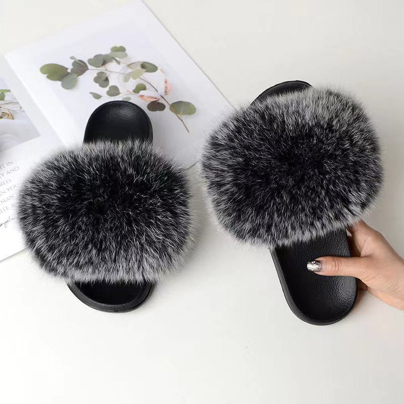 Women Real Fox Fur Slippers Women Flat Non-slip Fashion Fur Slides