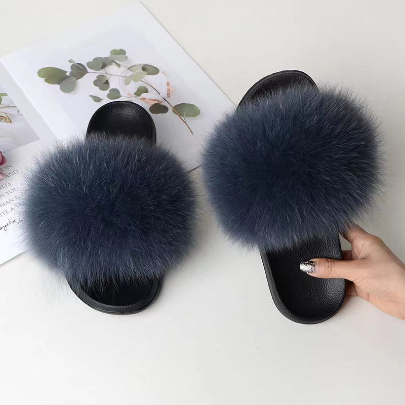 Women Real Fox Fur Slippers Women Flat Non-slip Fashion Fur Slides