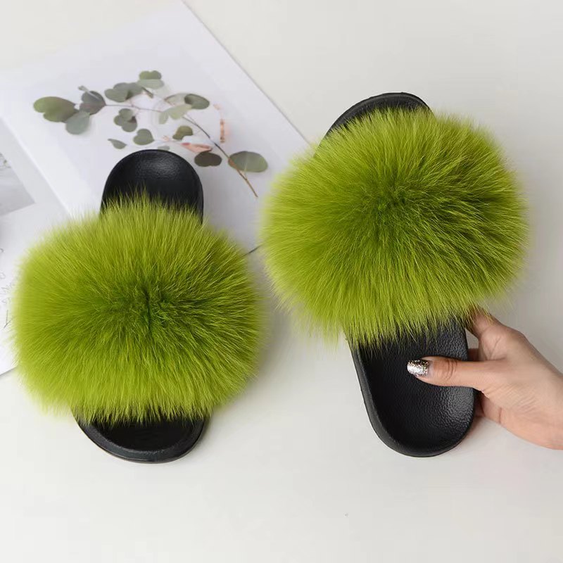 Women Real Fox Fur Slippers Women Flat Non-slip Fashion Fur Slides