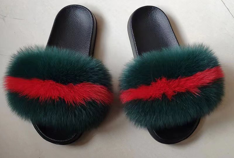 Women Real Fox Fur Slippers Women Flat Non-slip Fashion Fur Slides