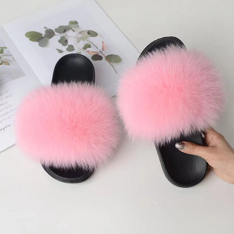 Women Real Fox Fur Slippers Women Flat Non-slip Fashion Fur Slides